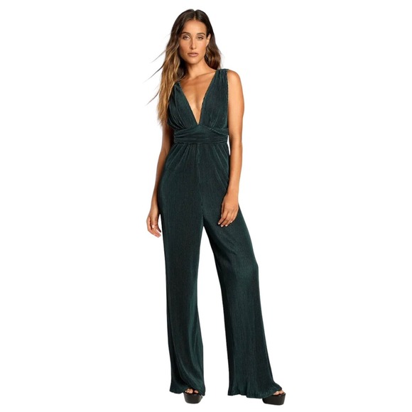 NWT Lulu’s Plisse Be Mine Teal Green Plisse Wide Leg Jumpsuit Size XS Lined Zip - Picture 1 of 16